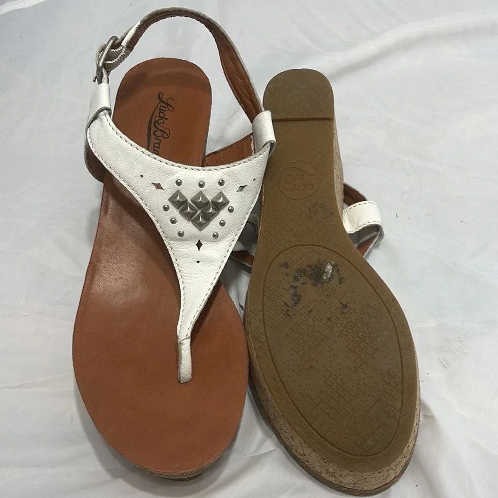 Lucky Brand White Leather Studded Cork Wedge Sandals‎ Womens Boho Thong Platform